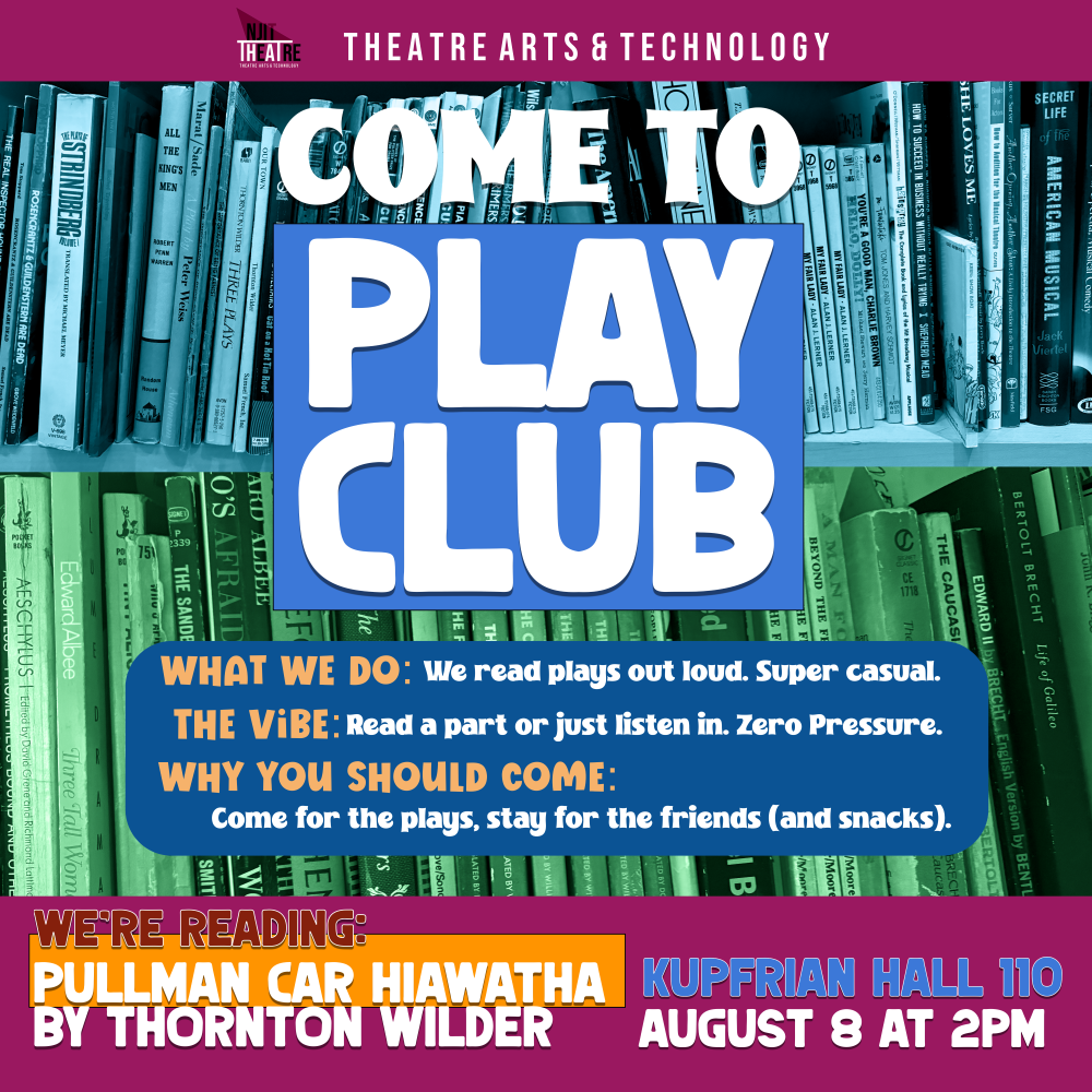 Promotional Image for Play Club. August 8th, 2pm. We will be reading Pullman Car Hiawatha by Thornton Wilder.